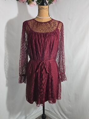 LOFT Burgundy Lace & Sheer Dot Long-Sleeve Dress
